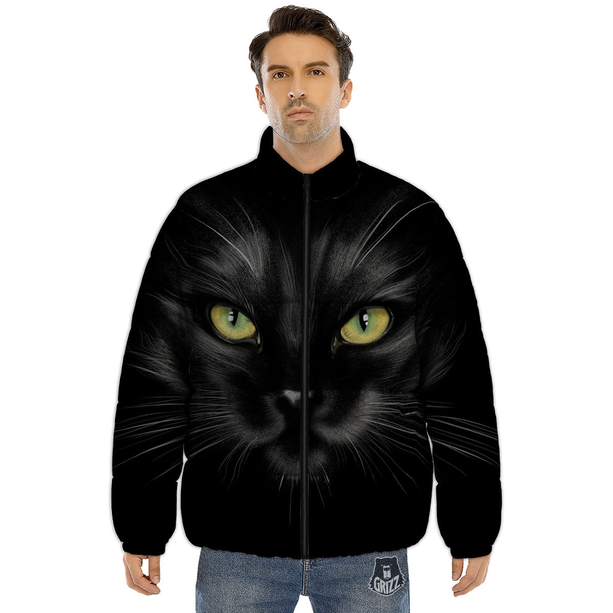 Drawing Portrait Black Cat Print Puffer Jacket-grizzshop