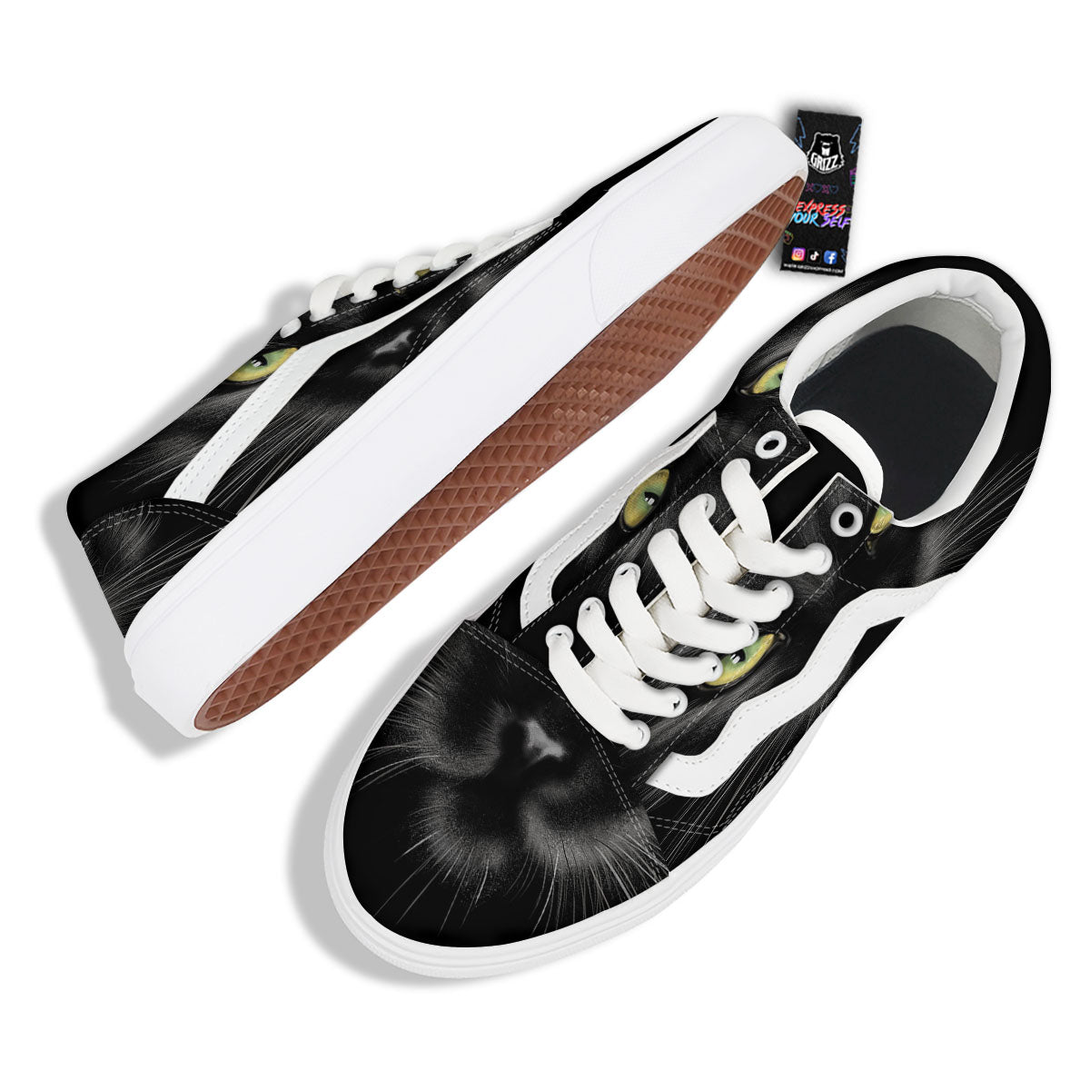 Drawing Portrait Black Cat Print Skate Shoes-grizzshop