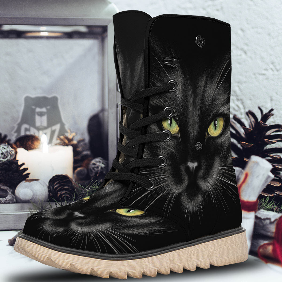 Drawing Portrait Black Cat Print Snow Boots-grizzshop