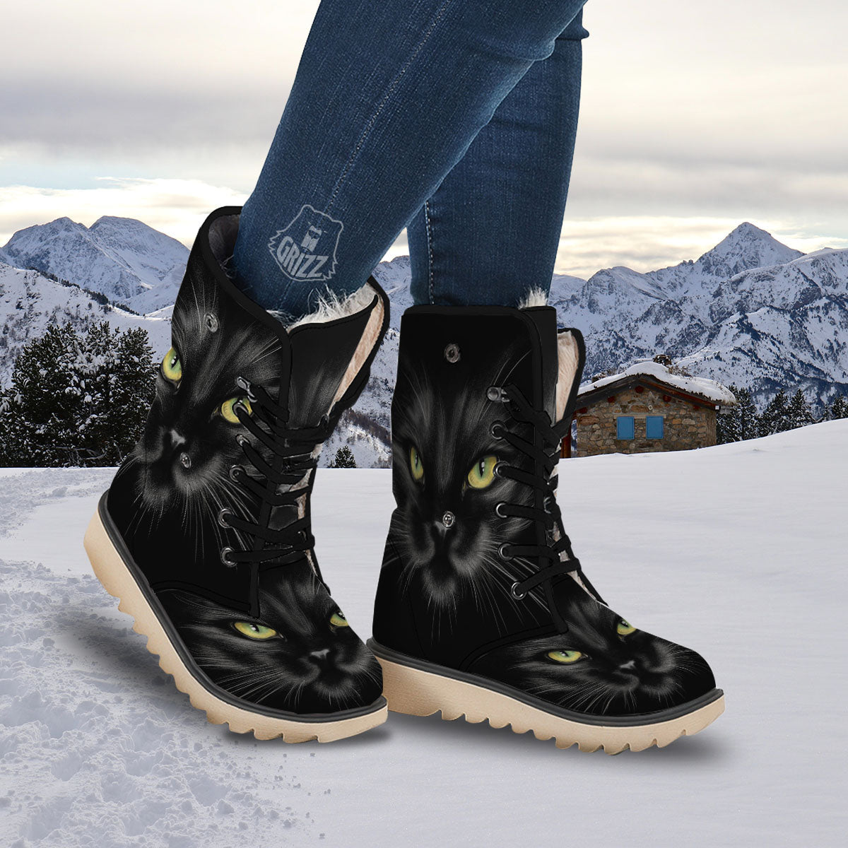 Drawing Portrait Black Cat Print Snow Boots-grizzshop