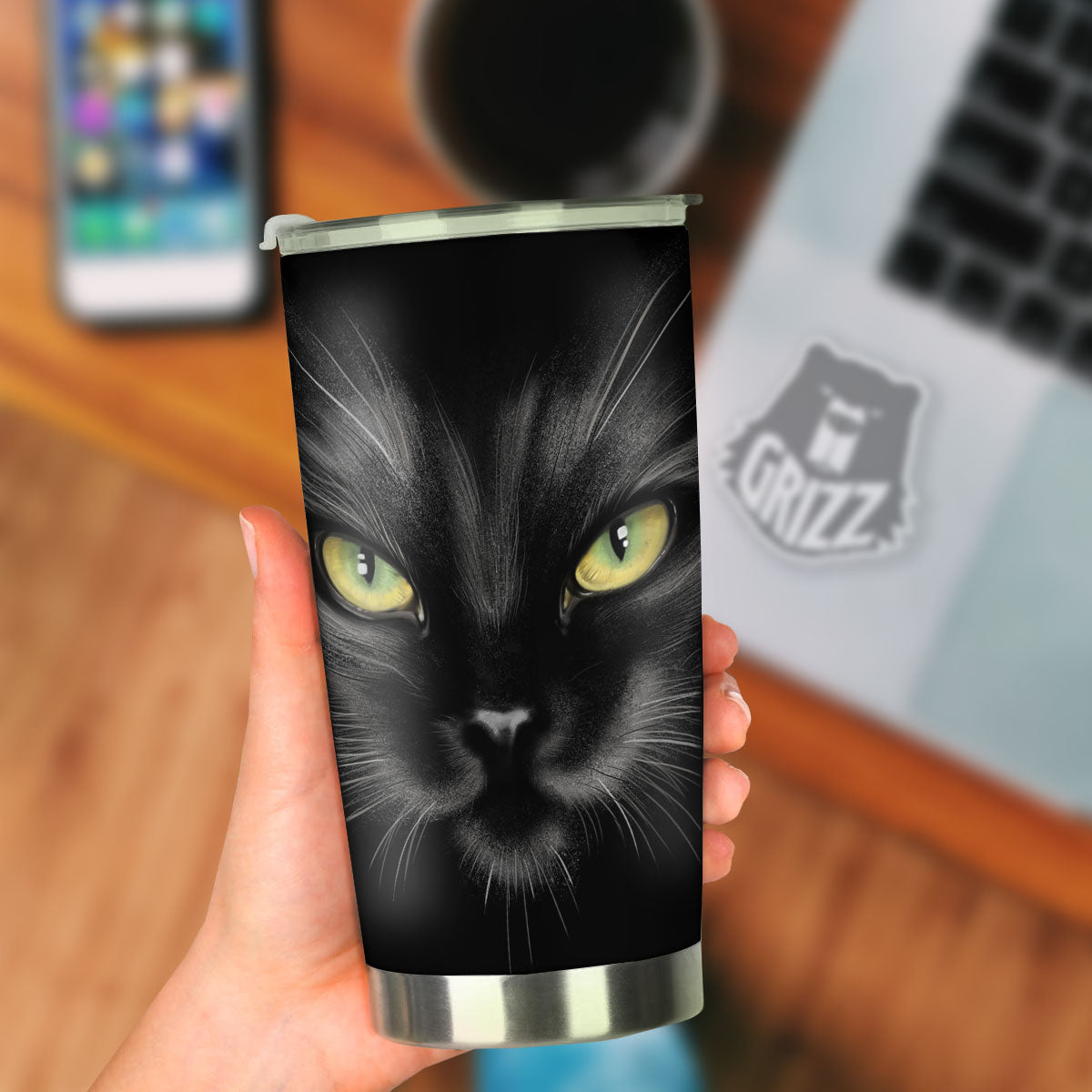 Drawing Portrait Black Cat Print Tumbler-grizzshop