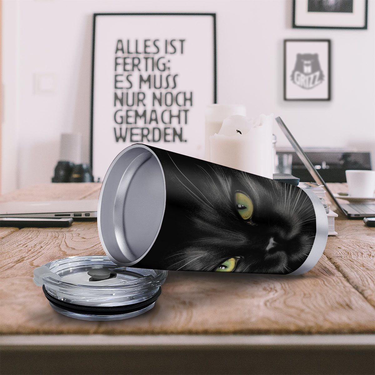 Drawing Portrait Black Cat Print Tumbler-grizzshop