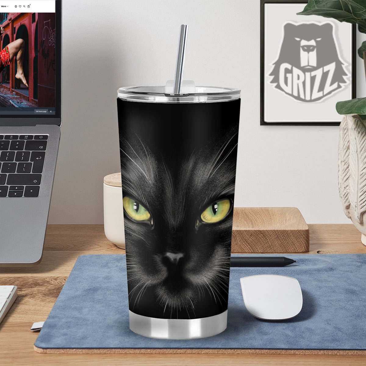 Drawing Portrait Black Cat Print Tumbler-grizzshop
