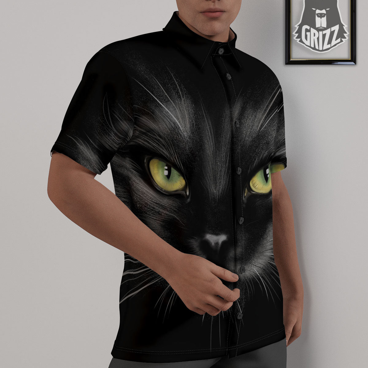 Drawing Portrait Black Cat Print Untucked Shirts-grizzshop