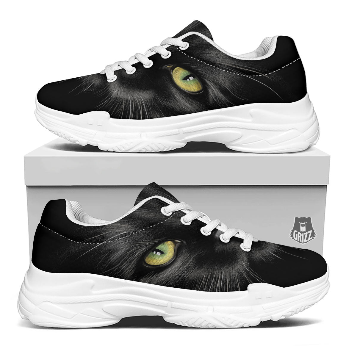 Drawing Portrait Black Cat Print White Chunky Shoes-grizzshop