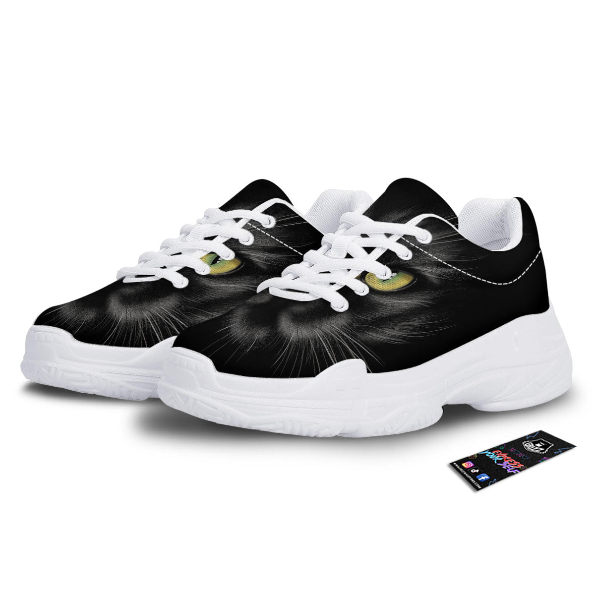 Drawing Portrait Black Cat Print White Chunky Shoes-grizzshop