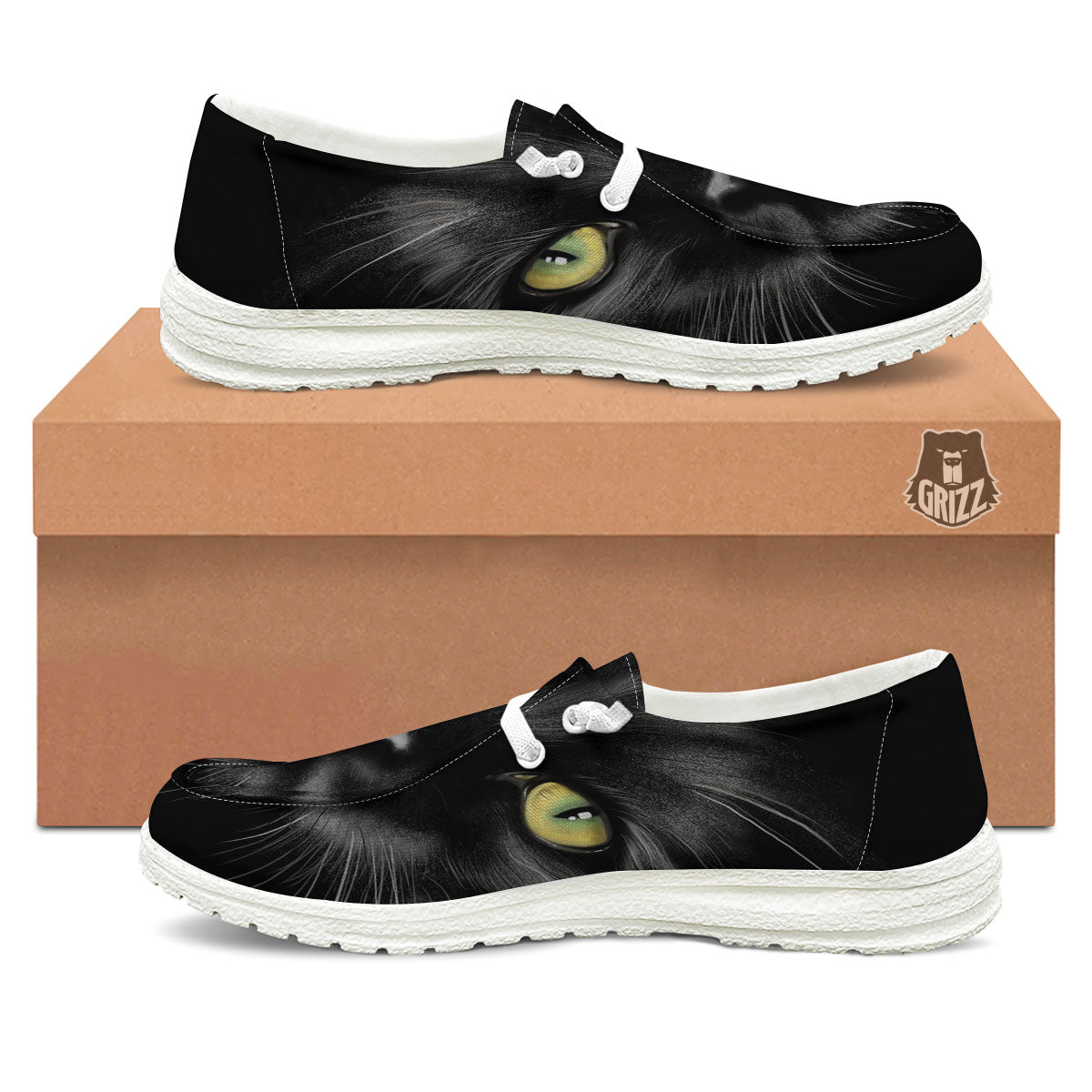 Drawing Portrait Black Cat Print White Loafers-grizzshop