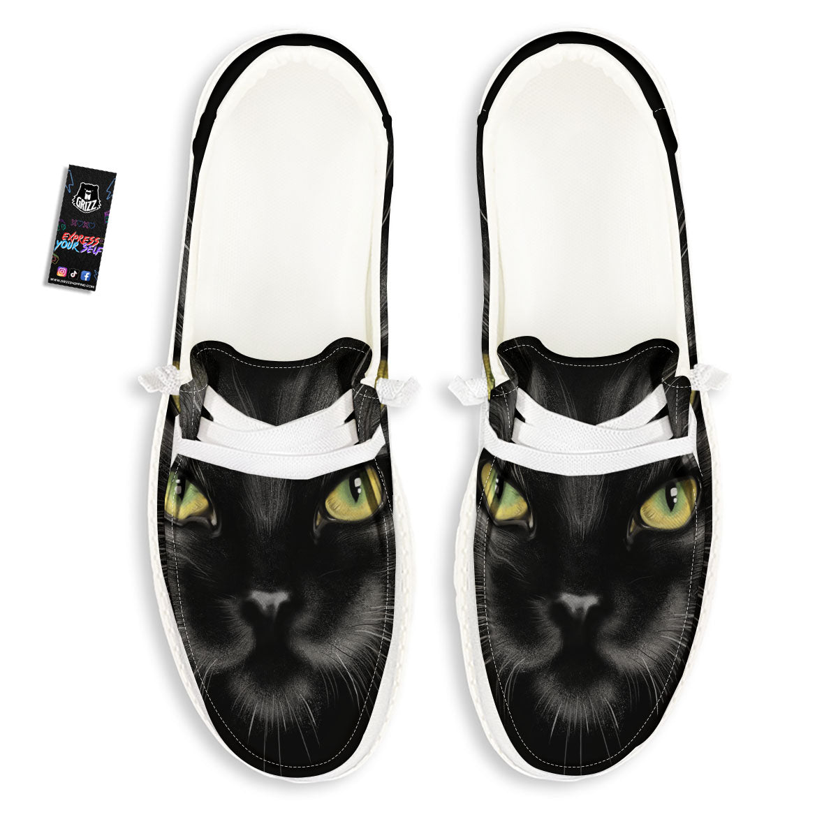 Drawing Portrait Black Cat Print White Loafers-grizzshop