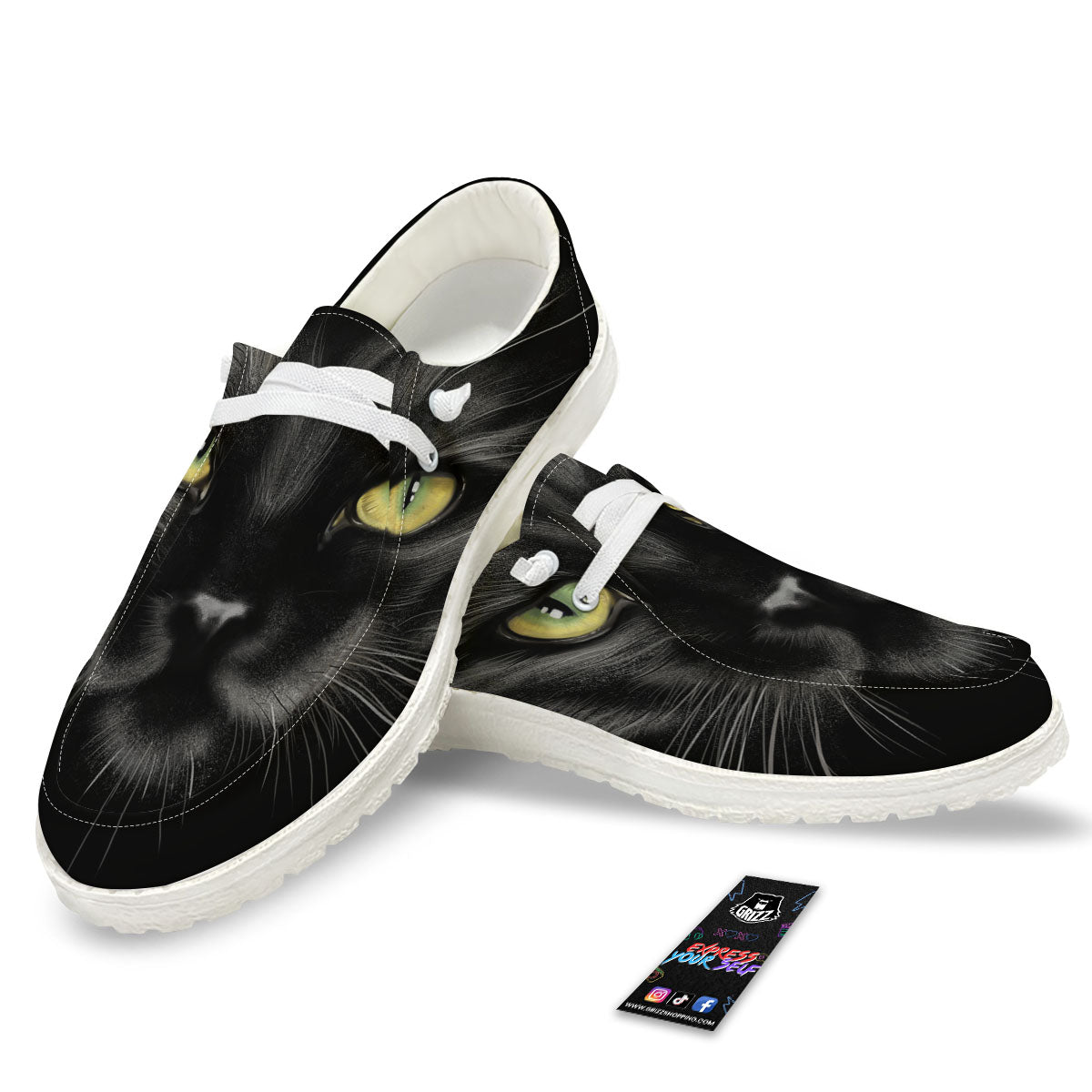 Drawing Portrait Black Cat Print White Loafers-grizzshop
