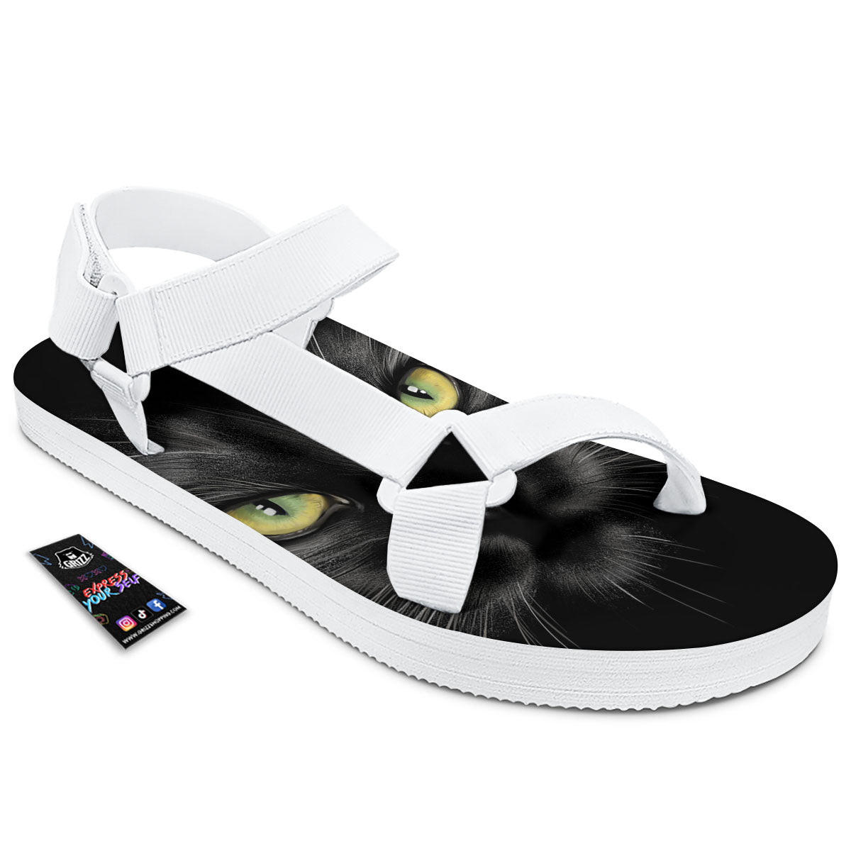 Drawing Portrait Black Cat Print White Open Toe Sandals-grizzshop