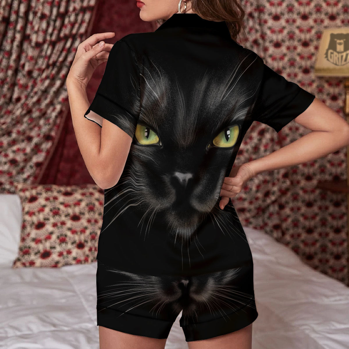 Drawing Portrait Black Cat Print Women Silk Pajamas-grizzshop