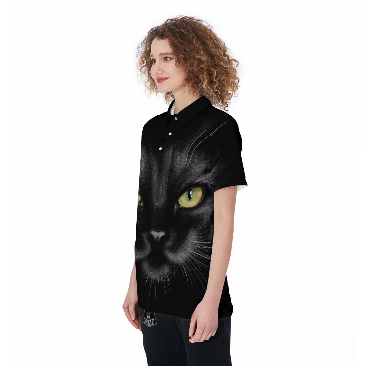 Drawing Portrait Black Cat Print Women's Golf Shirts-grizzshop