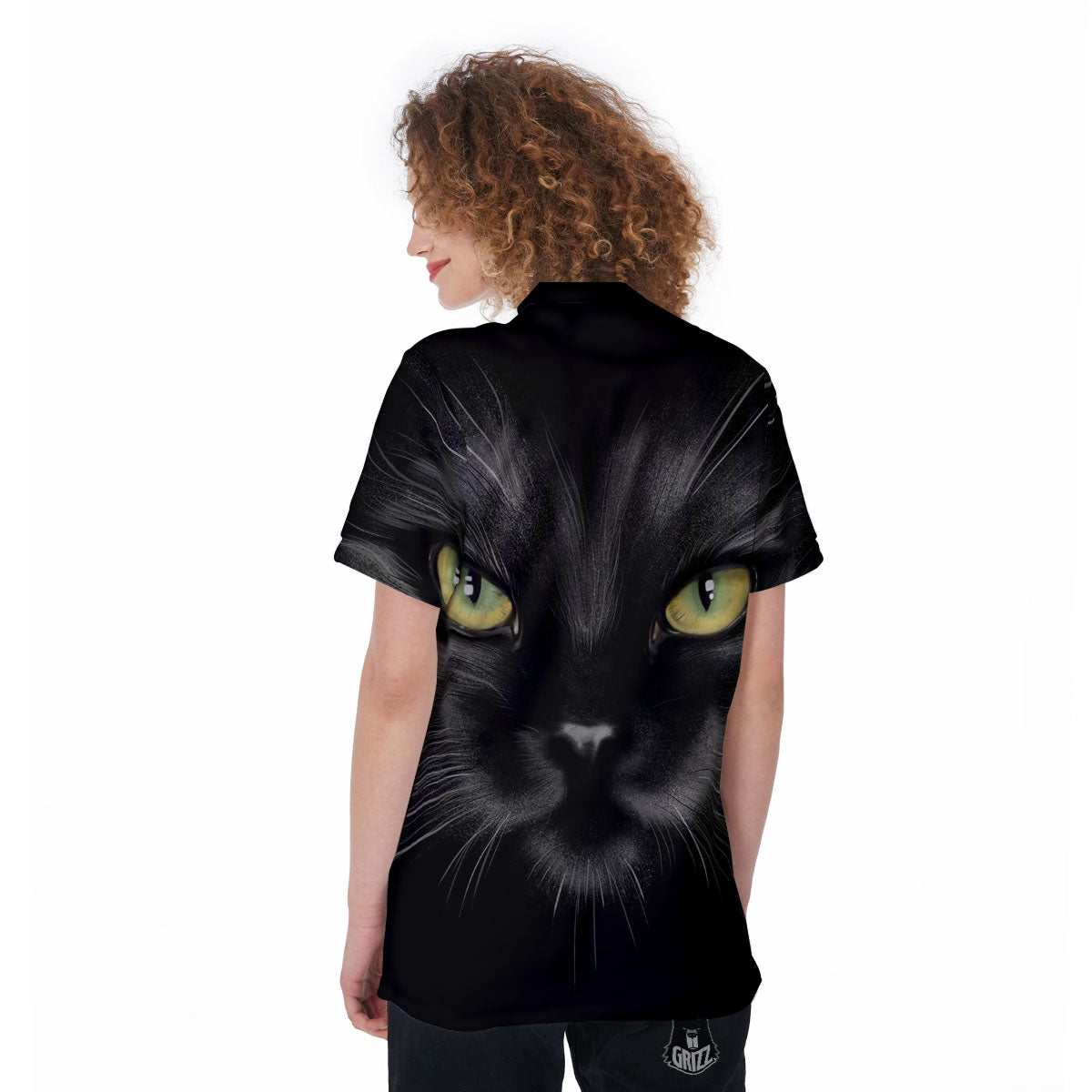 Drawing Portrait Black Cat Print Women's Golf Shirts-grizzshop