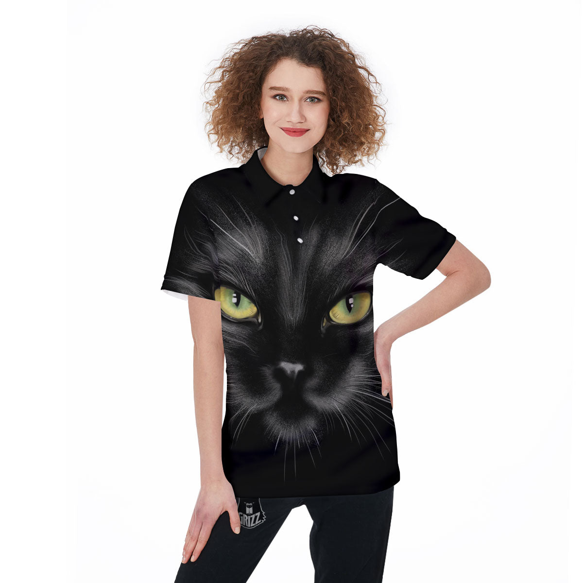 Drawing Portrait Black Cat Print Women's Golf Shirts-grizzshop