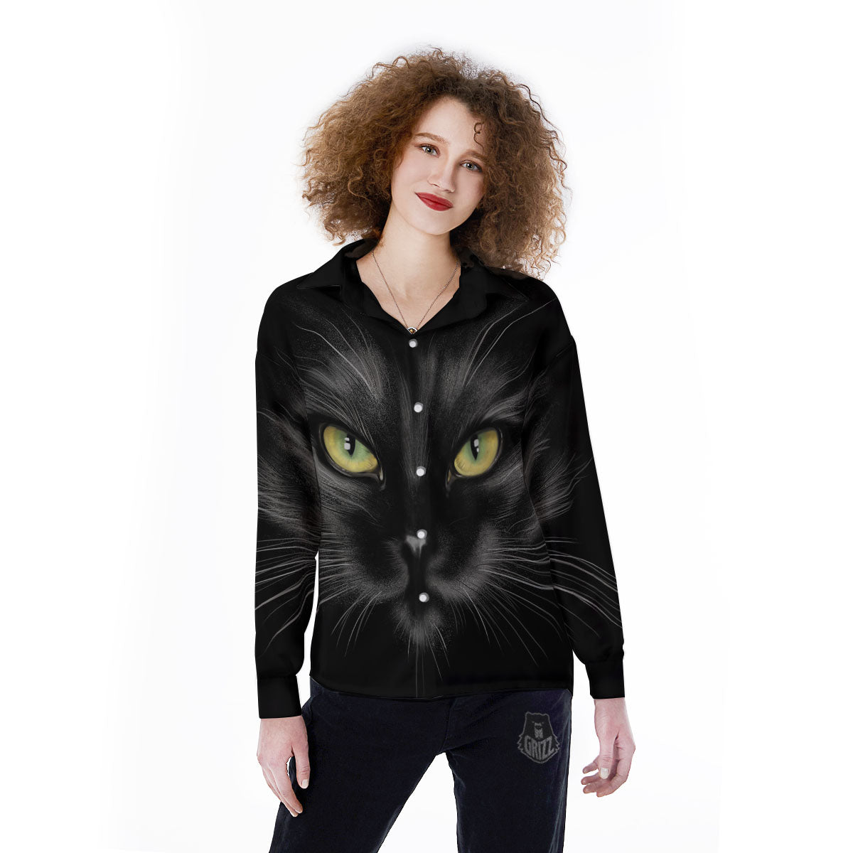 Drawing Portrait Black Cat Print Women's Long Sleeve Shirts-grizzshop