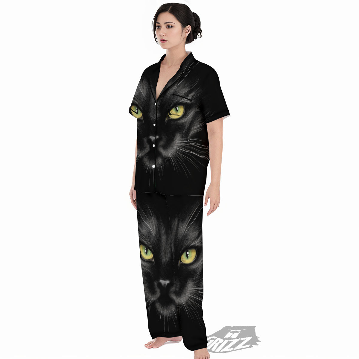 Drawing Portrait Black Cat Print Women's Pajamas Set-grizzshop