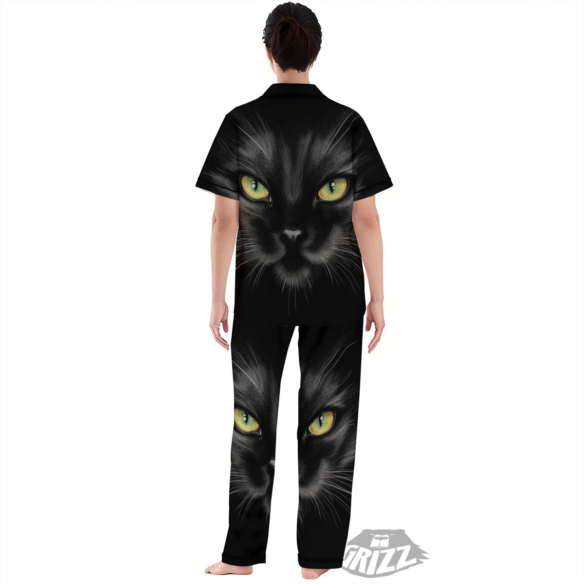 Drawing Portrait Black Cat Print Women's Pajamas Set-grizzshop