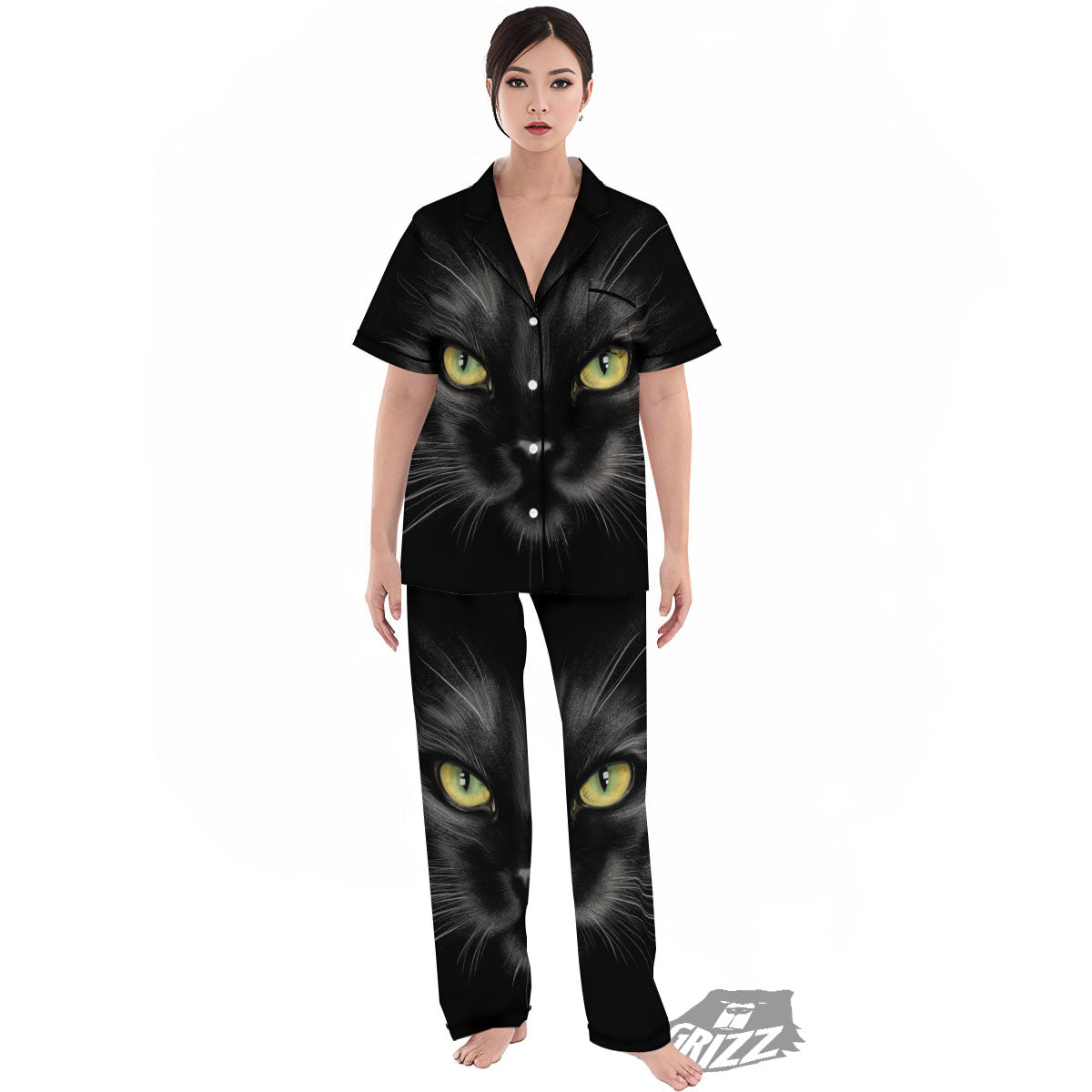 Drawing Portrait Black Cat Print Women's Pajamas Set-grizzshop