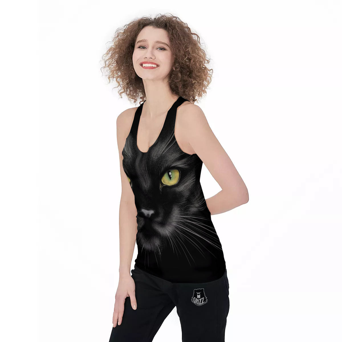 Drawing Portrait Black Cat Print Women's Racerback Tank Top-grizzshop