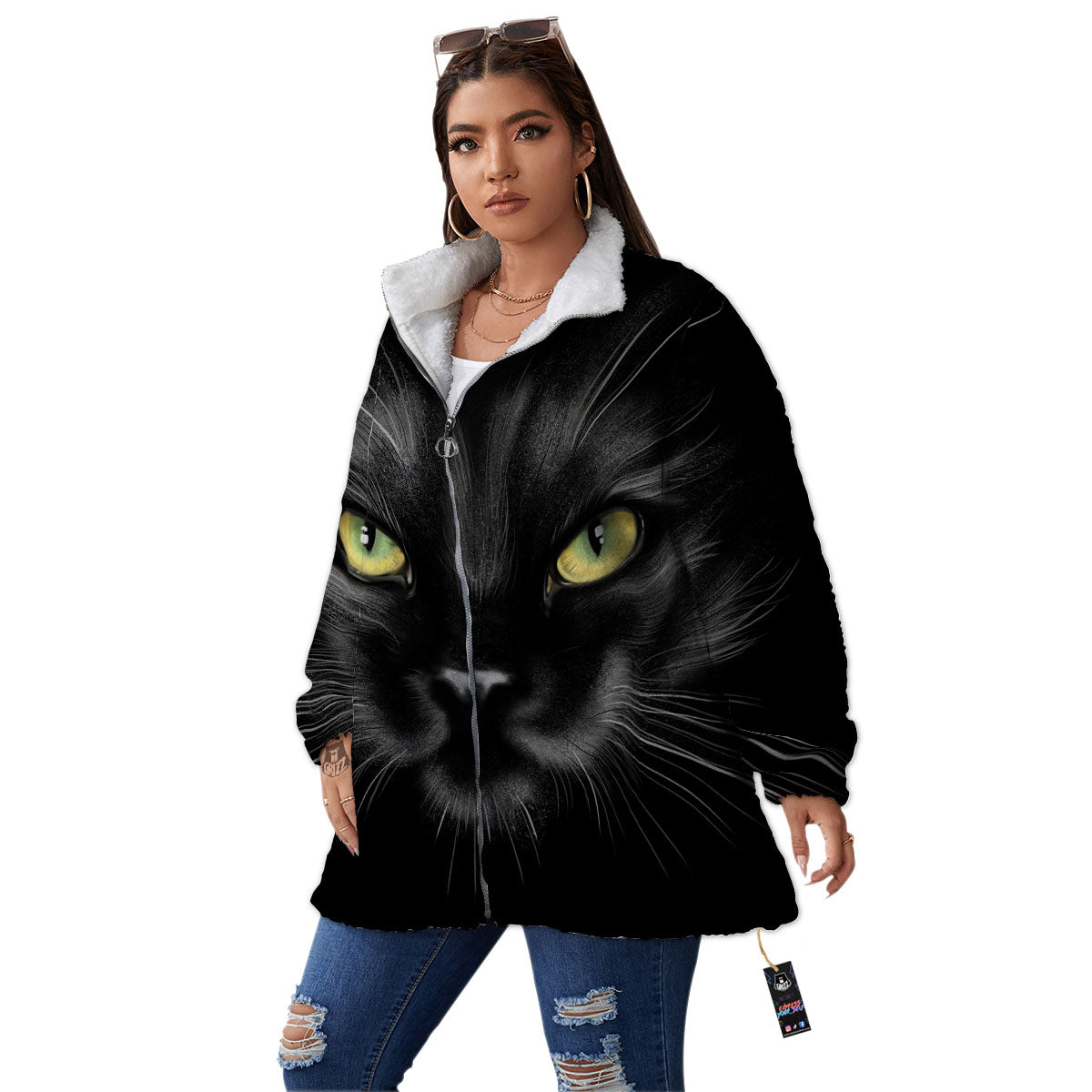 Drawing Portrait Black Cat Print Women's Sherpa Jacket-grizzshop
