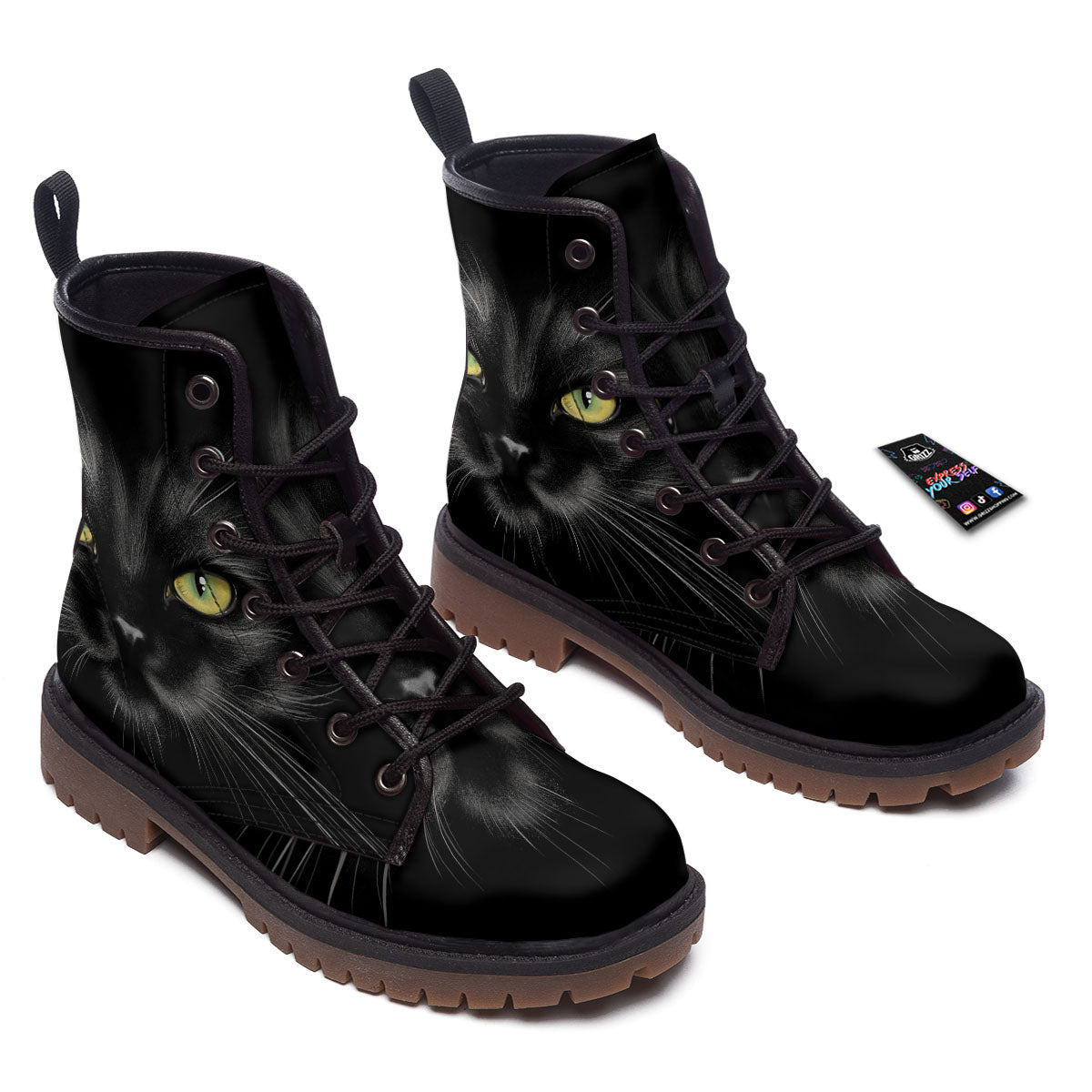 Drawing Portrait Black Cat Print Work Boots-grizzshop