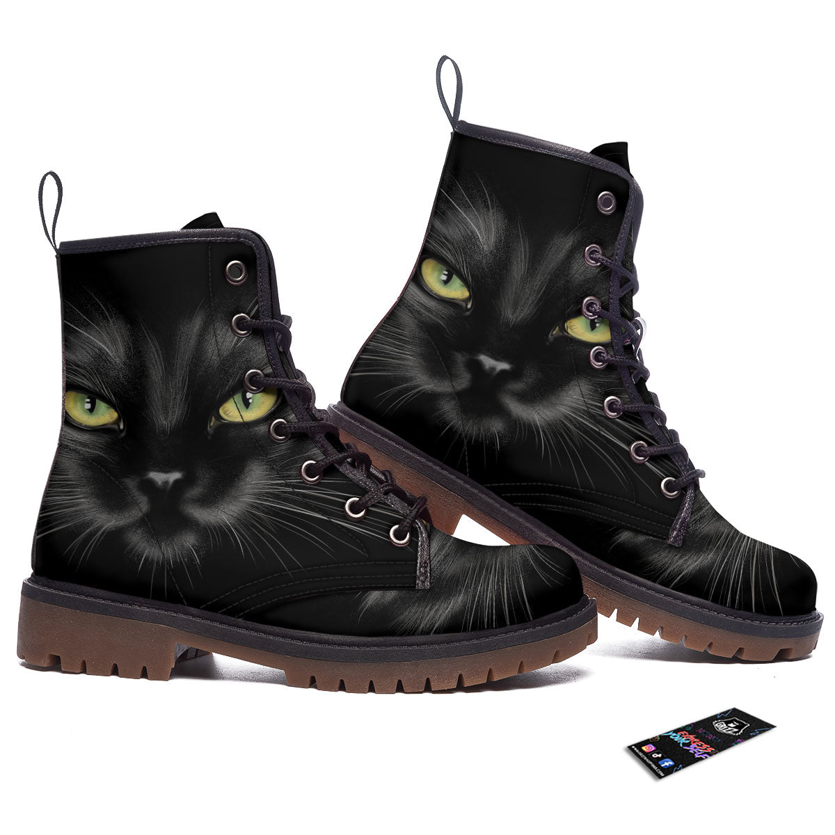 Drawing Portrait Black Cat Print Work Boots-grizzshop