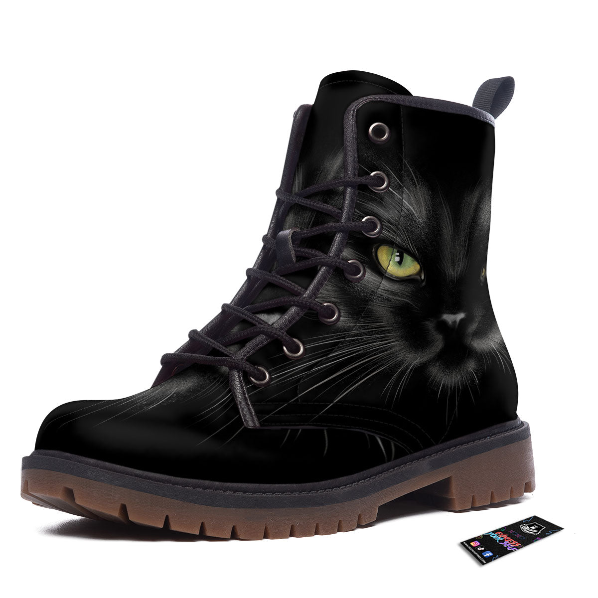 Drawing Portrait Black Cat Print Work Boots-grizzshop