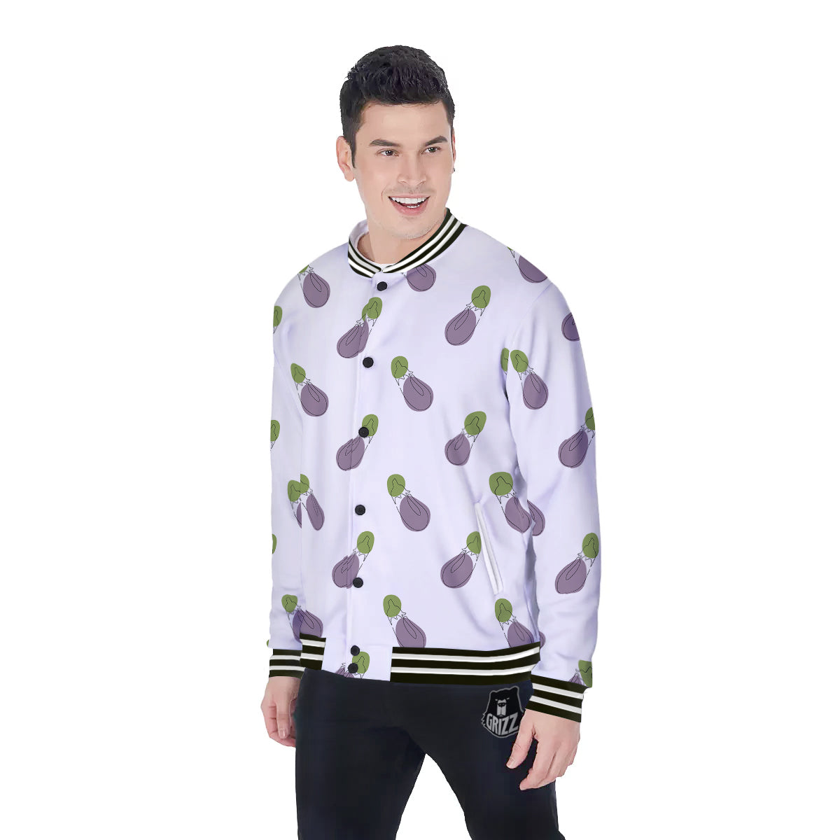 Drawing White Eggplant Print Pattern Baseball Jacket-grizzshop