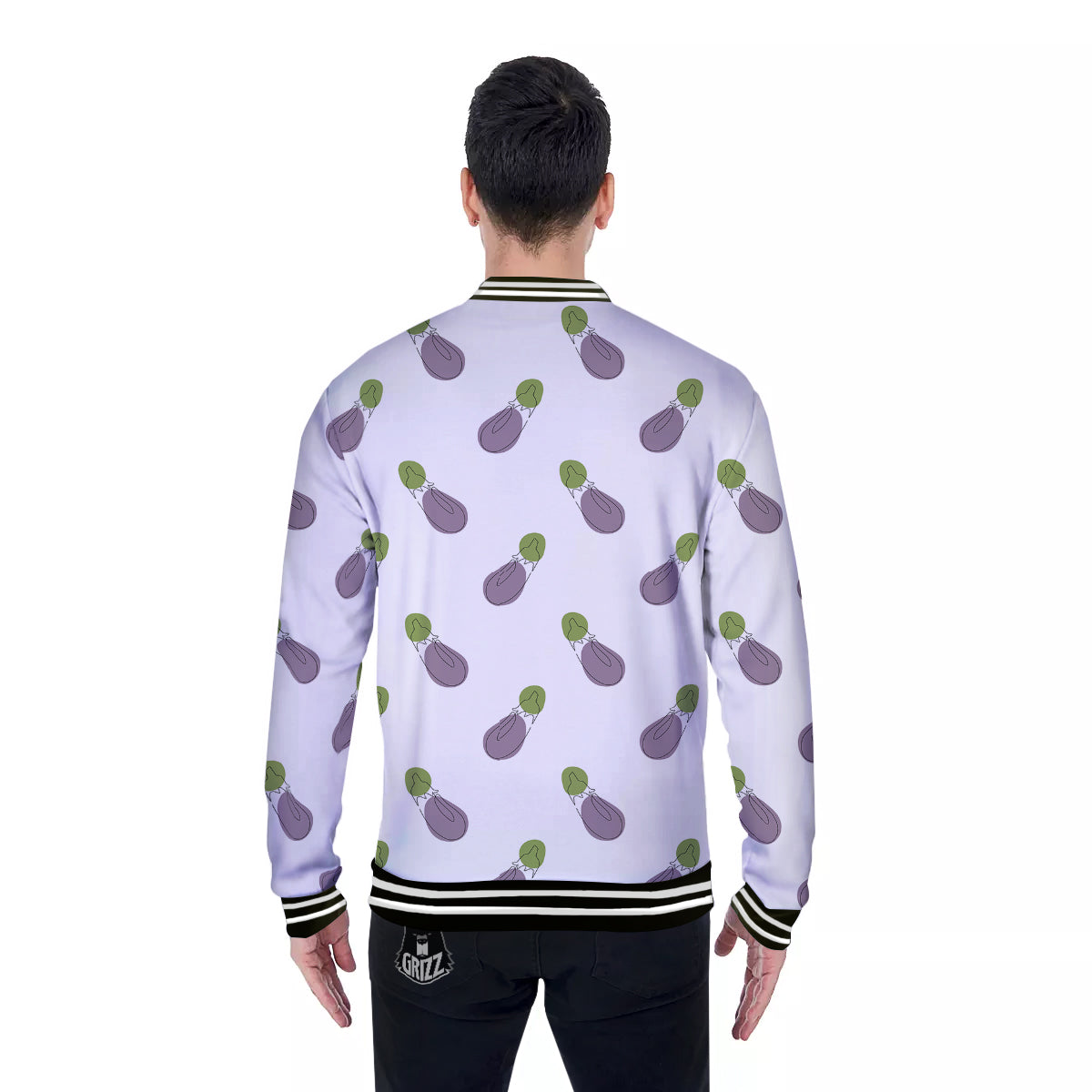 Drawing White Eggplant Print Pattern Baseball Jacket-grizzshop