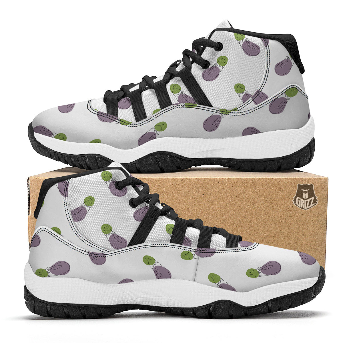 Drawing White Eggplant Print Pattern Black Bball Shoes-grizzshop