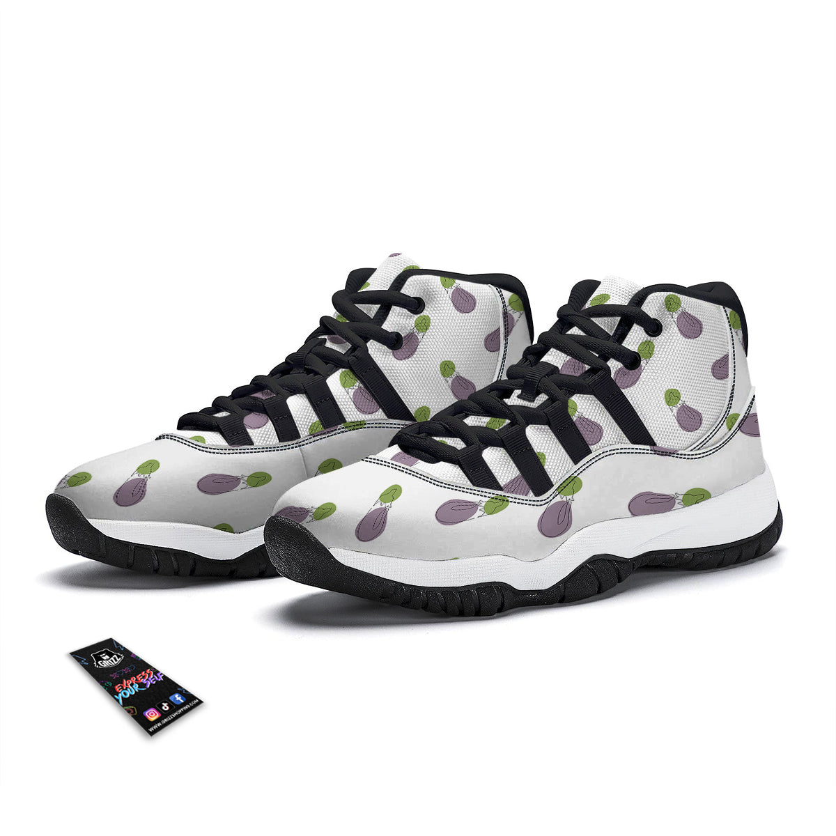 Drawing White Eggplant Print Pattern Black Bball Shoes-grizzshop