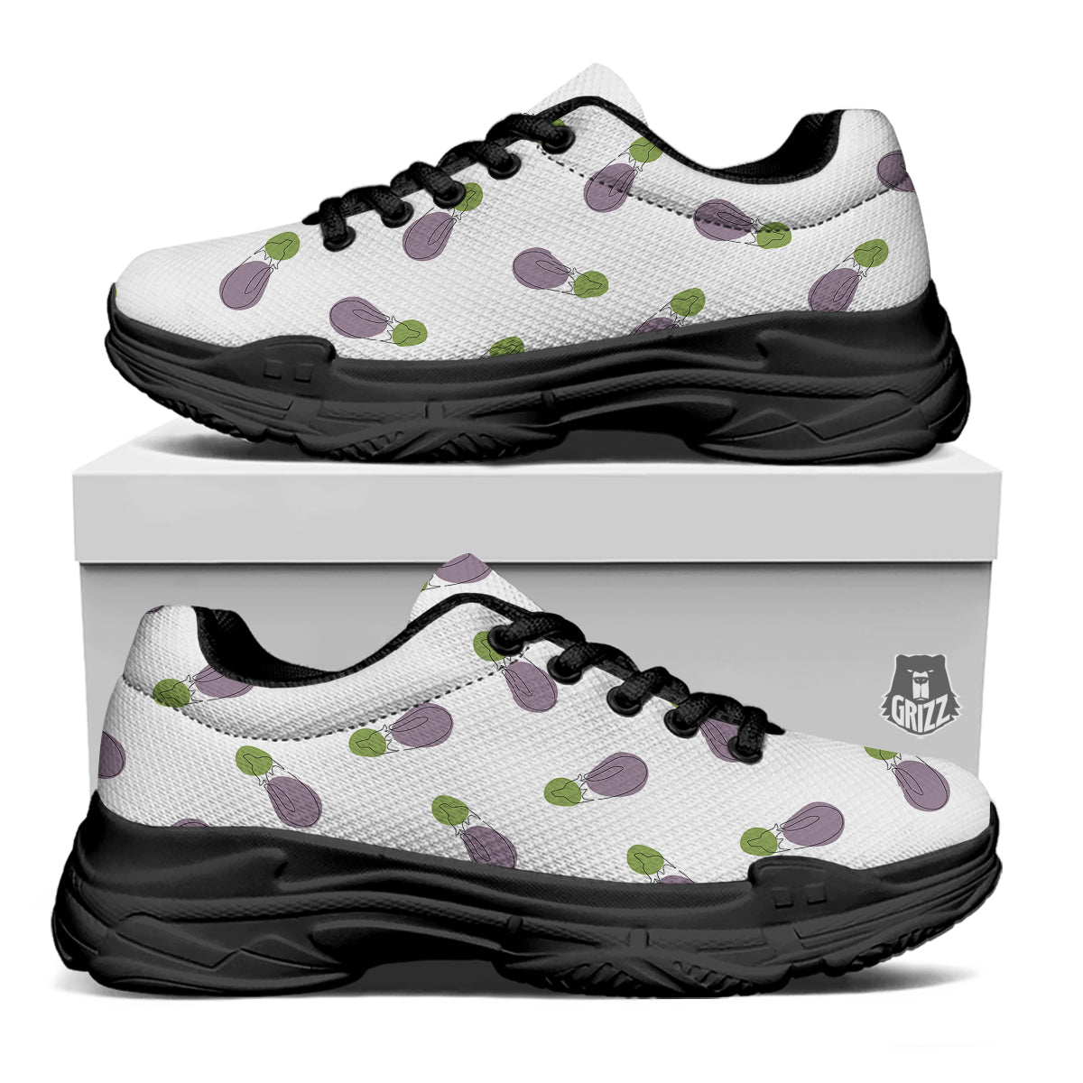 Drawing White Eggplant Print Pattern Black Chunky Shoes-grizzshop