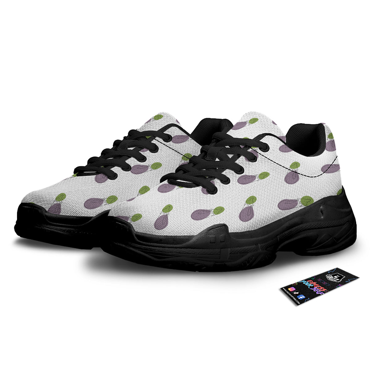 Drawing White Eggplant Print Pattern Black Chunky Shoes-grizzshop