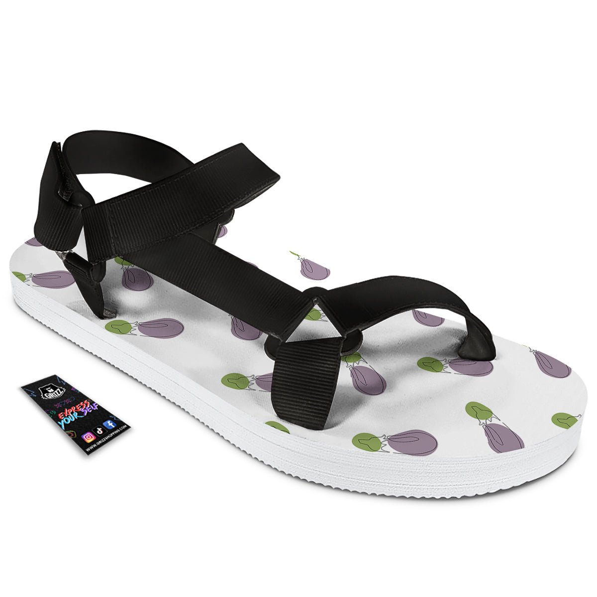 Drawing White Eggplant Print Pattern Black Open Toe Sandals-grizzshop