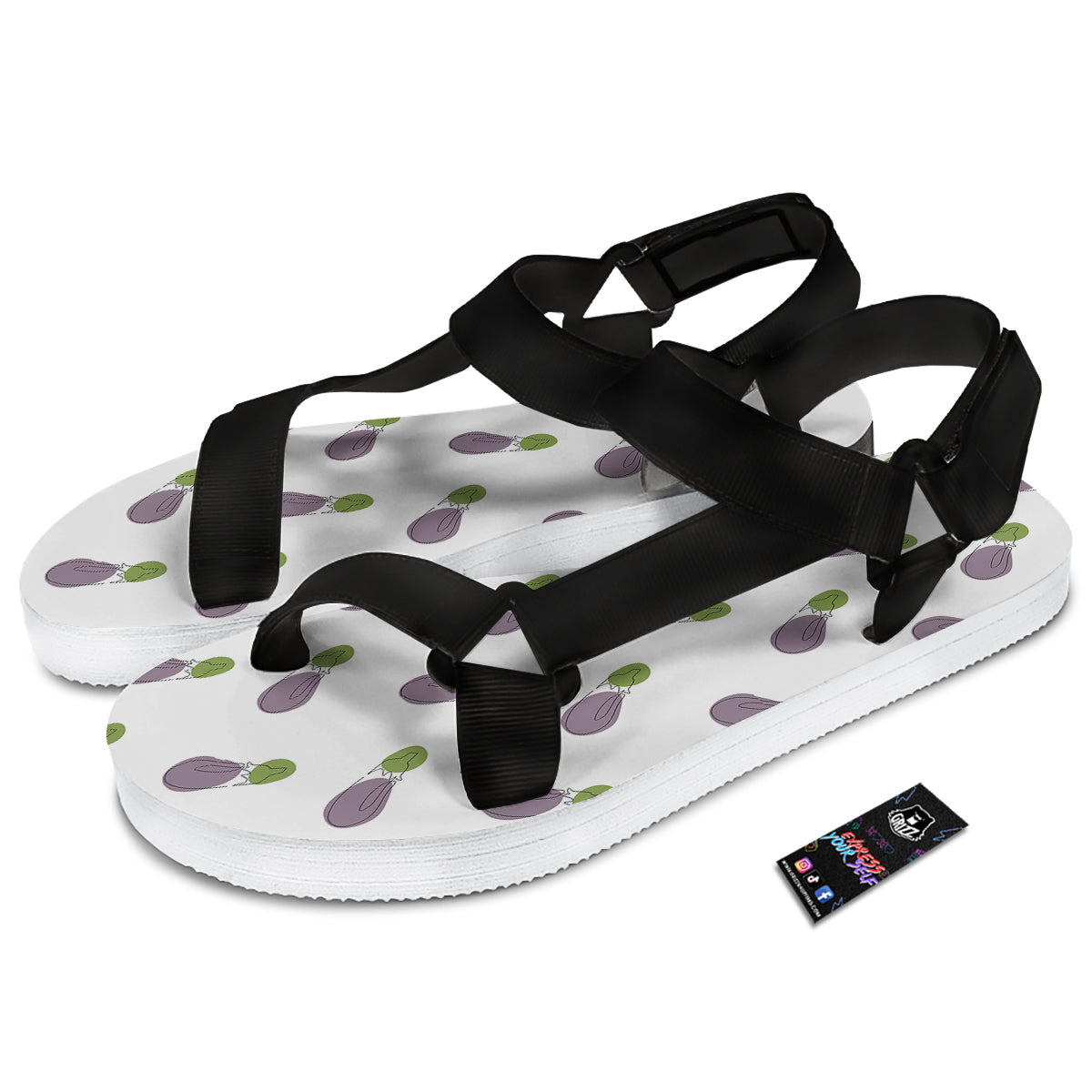 Drawing White Eggplant Print Pattern Black Open Toe Sandals-grizzshop