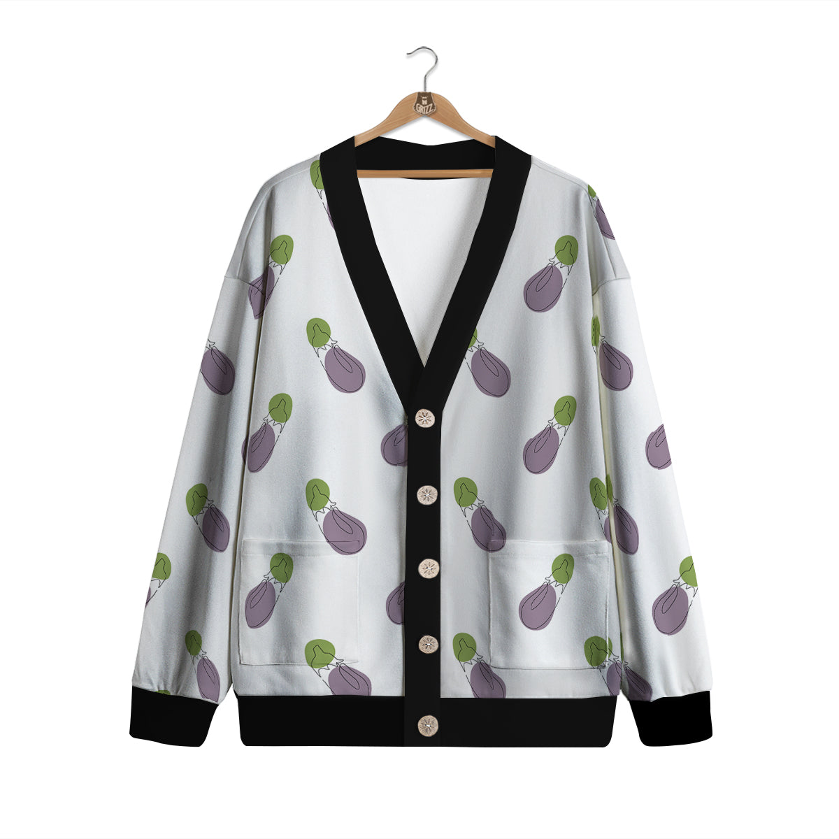 Drawing White Eggplant Print Pattern Cardigan-grizzshop