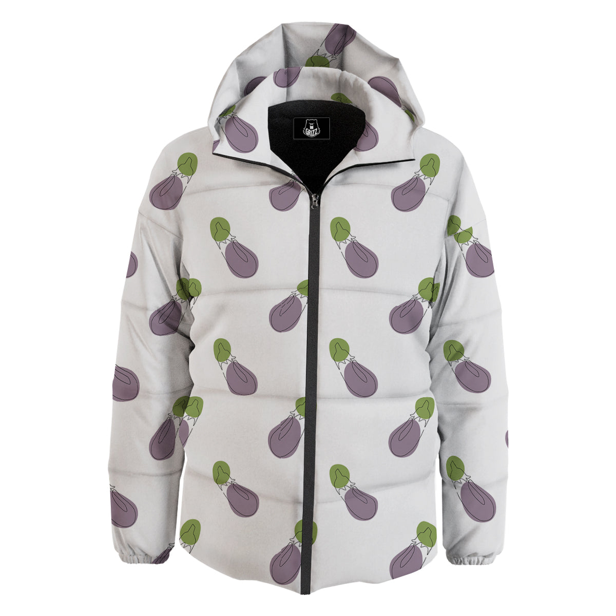 Drawing White Eggplant Print Pattern Down Jacket-grizzshop