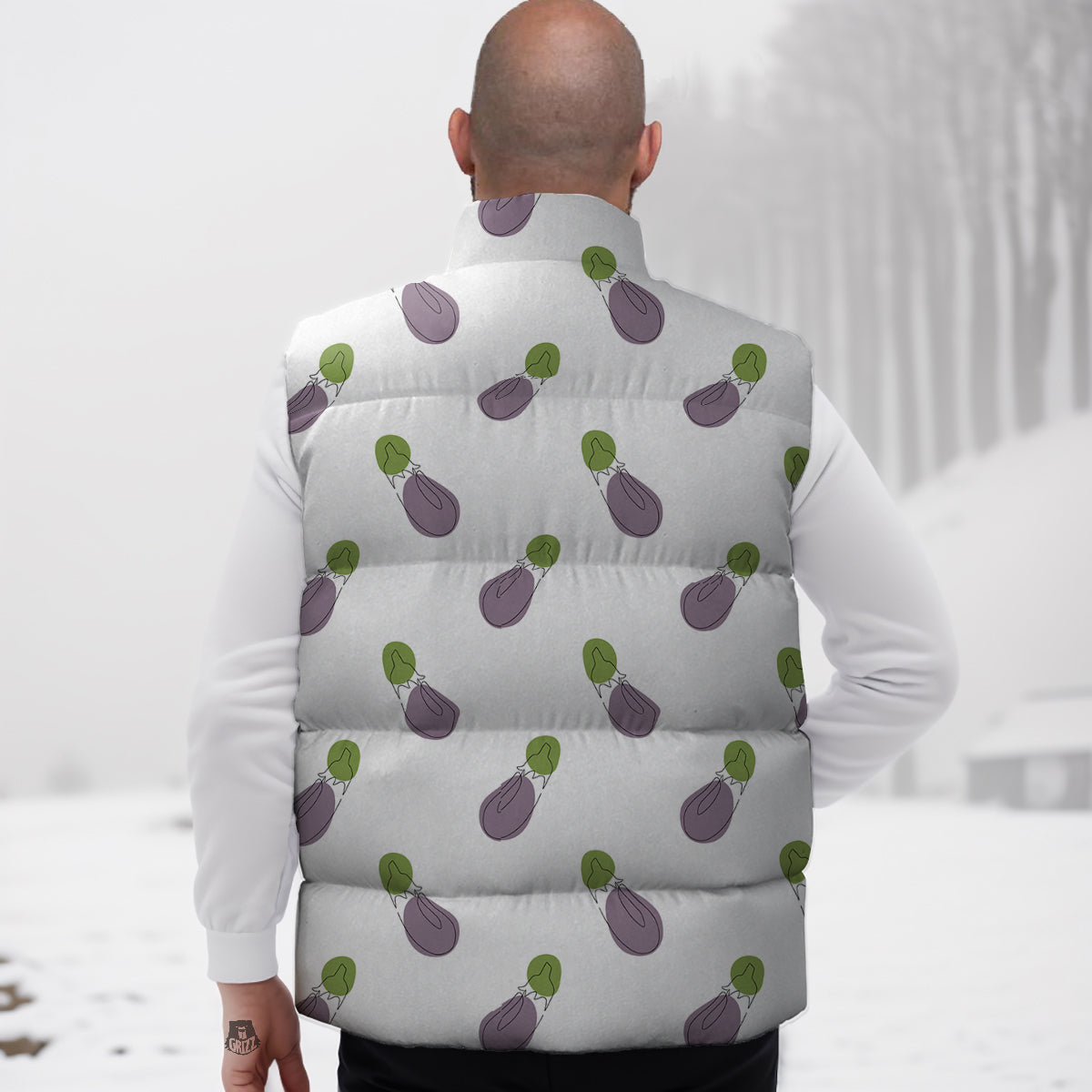 Drawing White Eggplant Print Pattern Down Vest