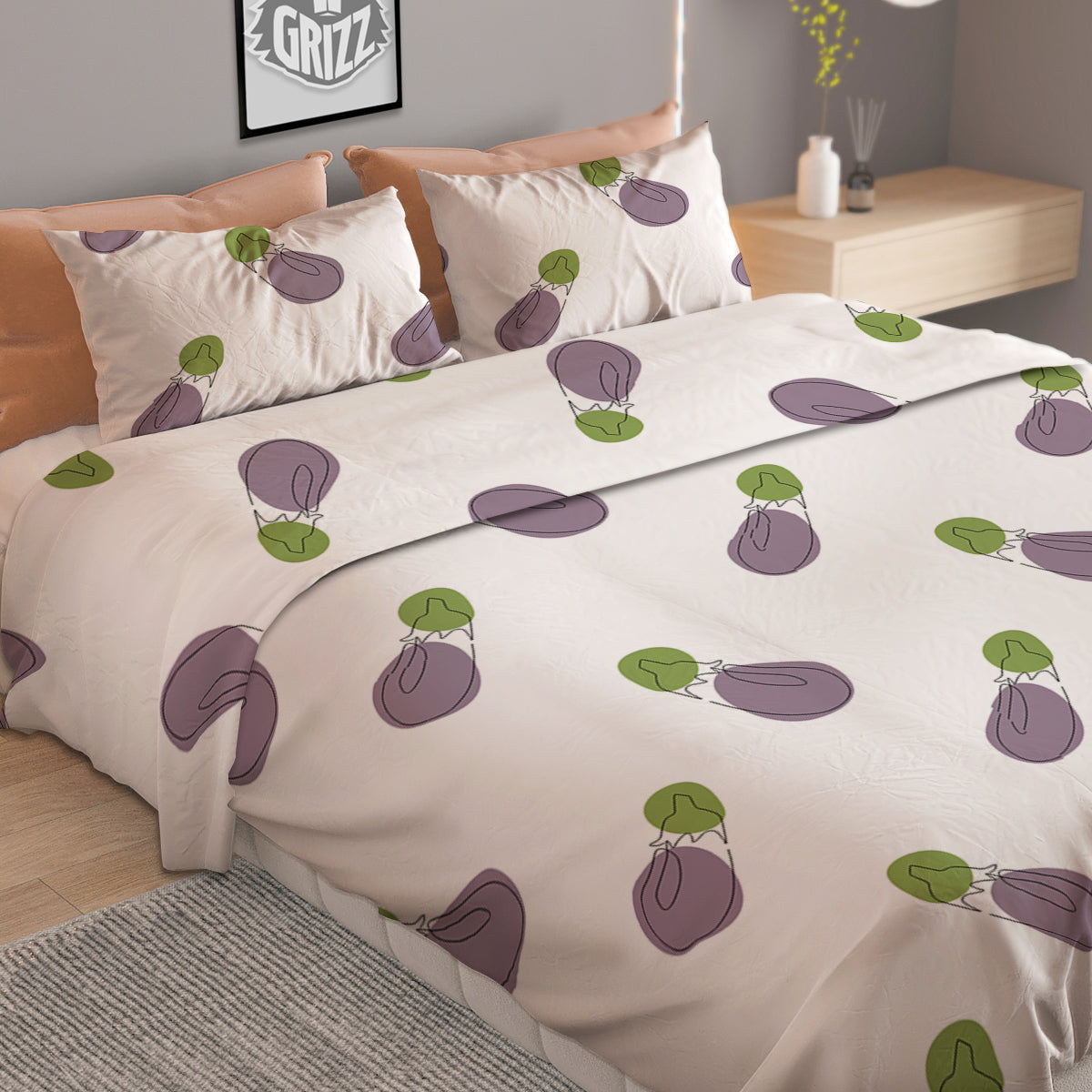Drawing White Eggplant Print Pattern Duvet Cover Bedding Set
