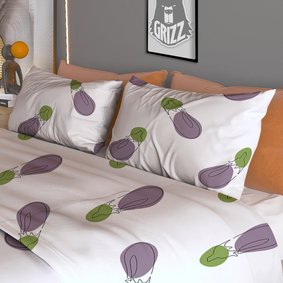 Drawing White Eggplant Print Pattern Duvet Cover Bedding Set