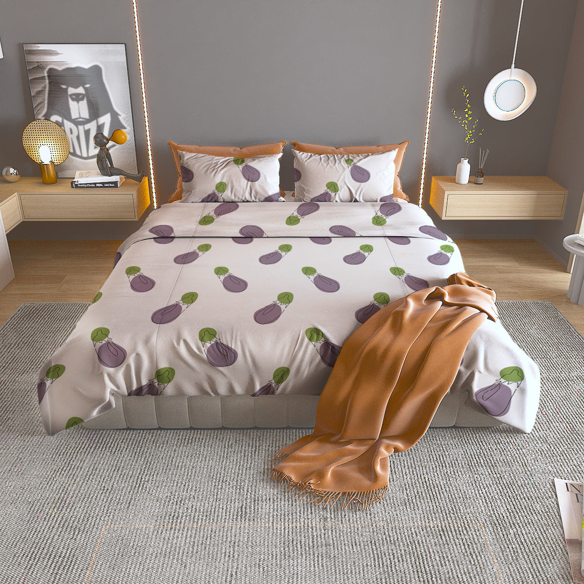 Drawing White Eggplant Print Pattern Duvet Cover Bedding Set