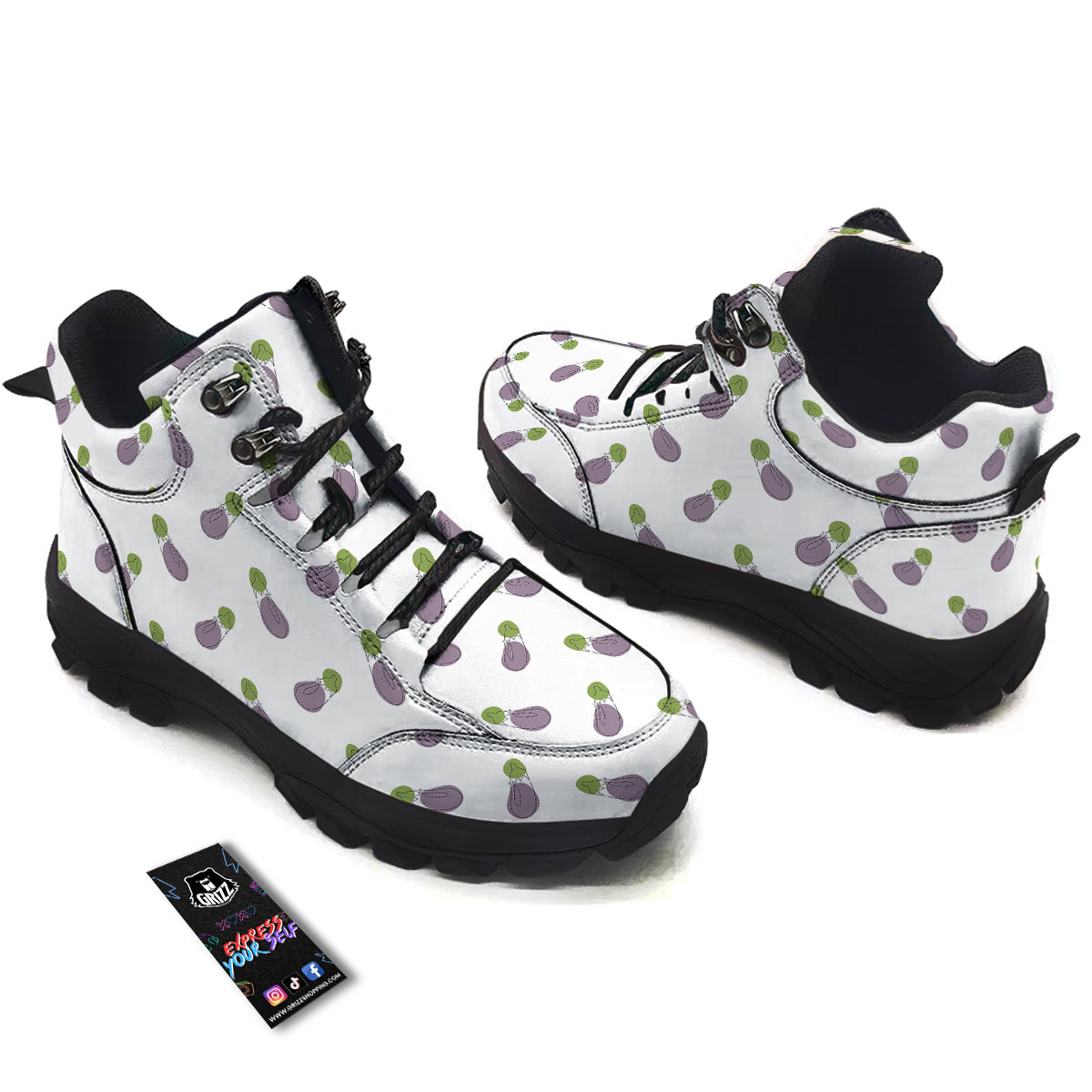 Drawing White Eggplant Print Pattern Hiking Shoes-grizzshop