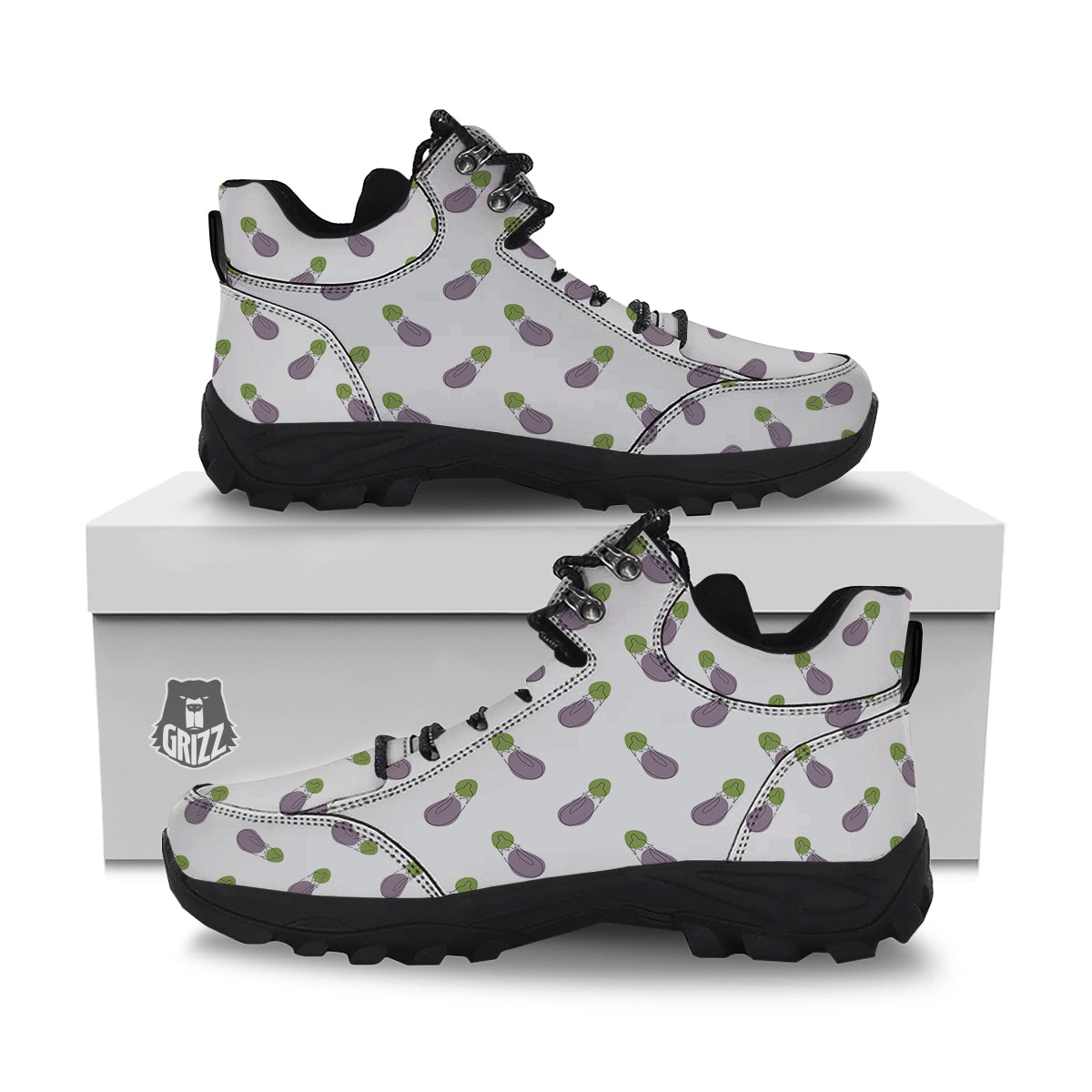 Drawing White Eggplant Print Pattern Hiking Shoes-grizzshop