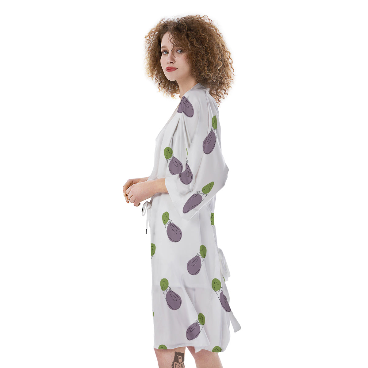 Drawing White Eggplant Print Pattern Kimono-grizzshop