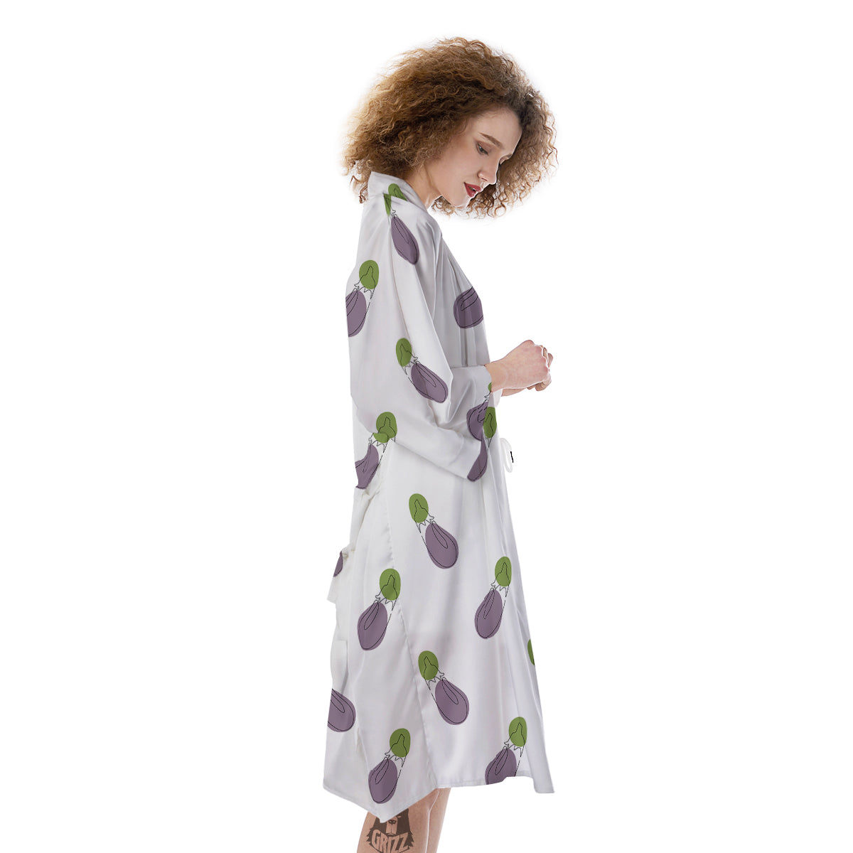 Drawing White Eggplant Print Pattern Kimono-grizzshop