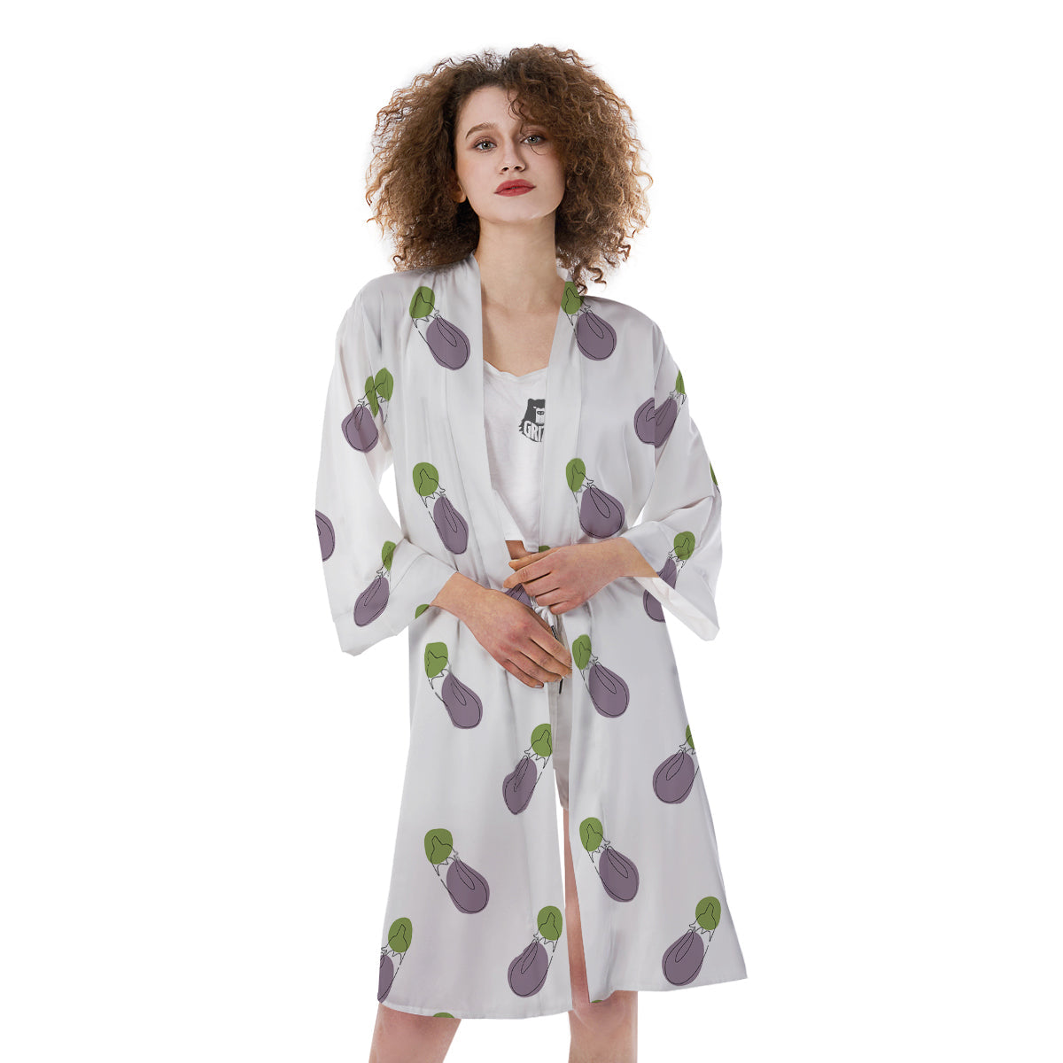 Drawing White Eggplant Print Pattern Kimono-grizzshop