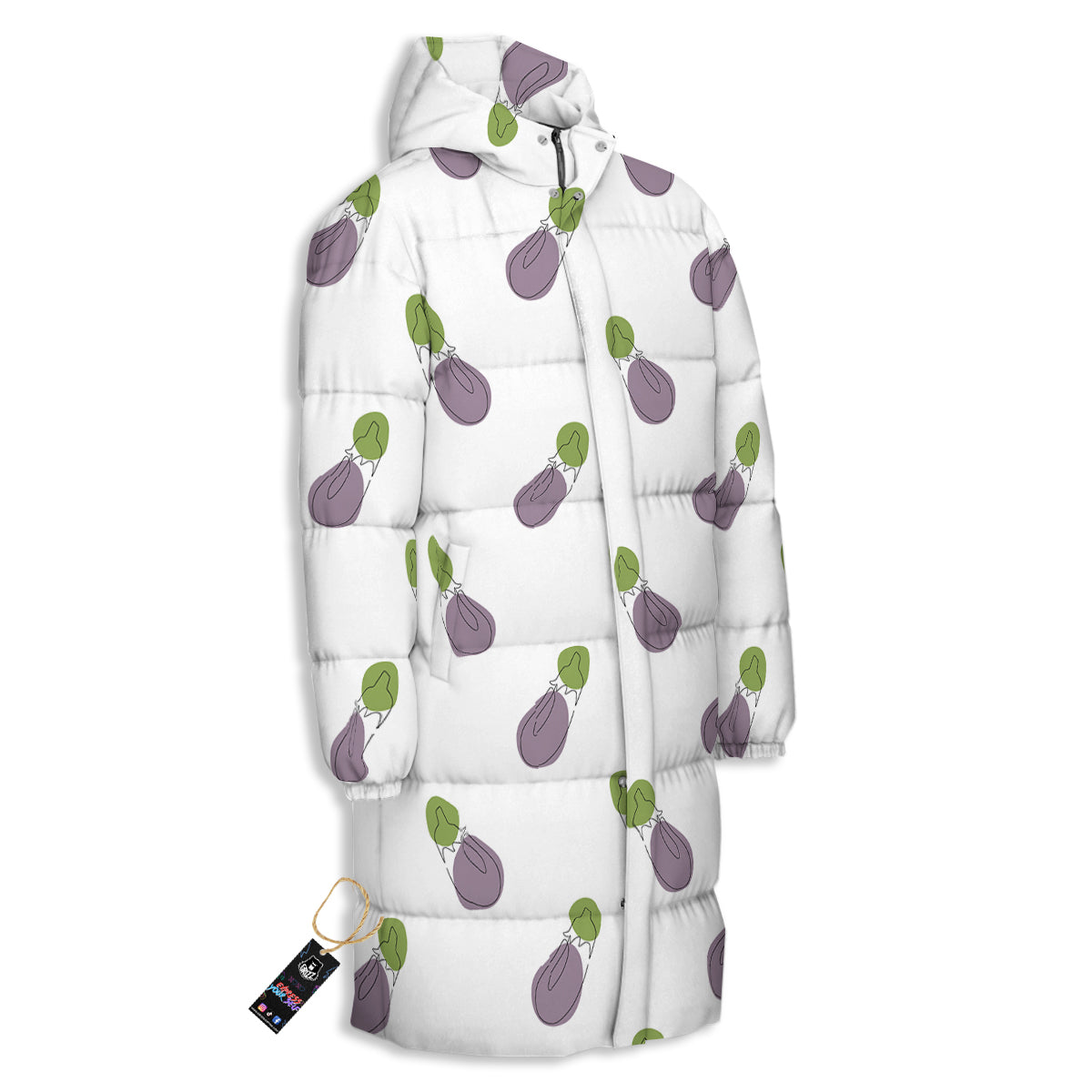 Drawing White Eggplant Print Pattern Long Down Jacket-grizzshop