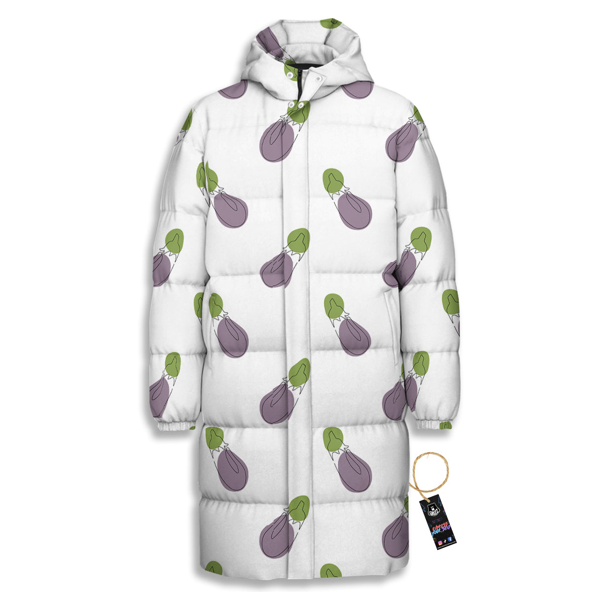 Drawing White Eggplant Print Pattern Long Down Jacket-grizzshop