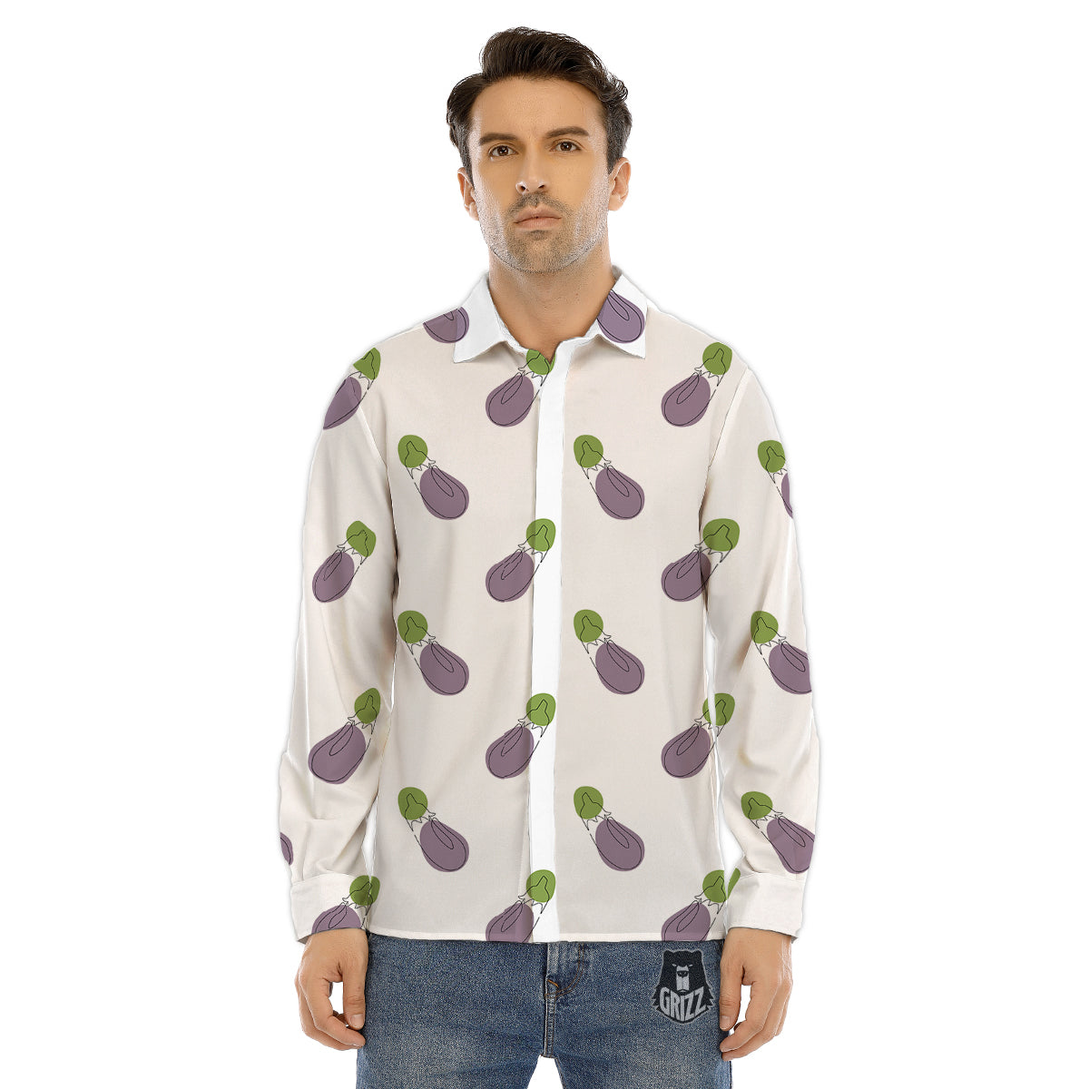 Drawing White Eggplant Print Pattern Men's Dress Shirts-grizzshop