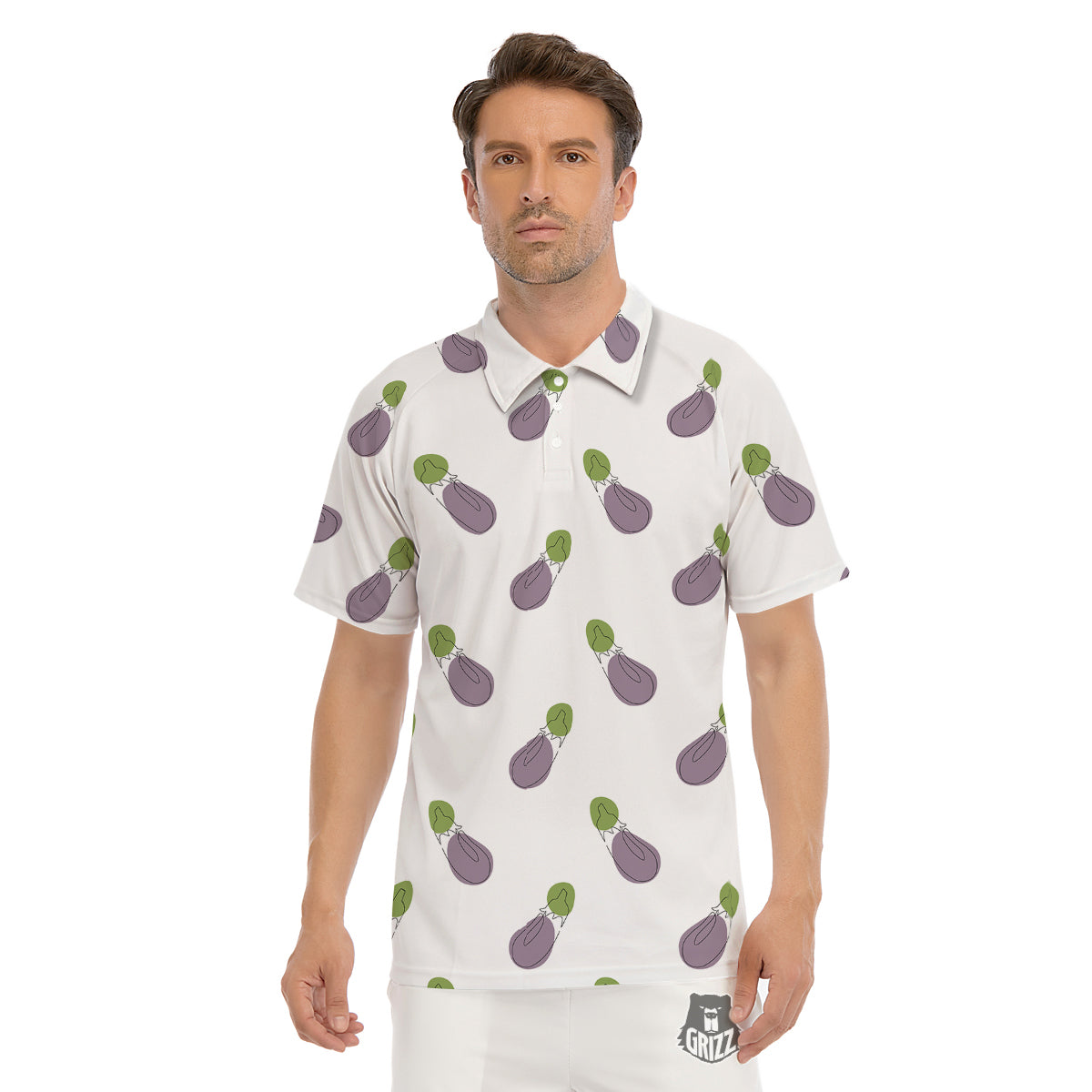 Drawing White Eggplant Print Pattern Men's Golf Shirts-grizzshop